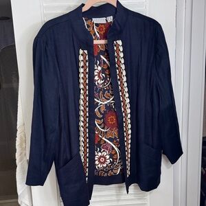 NWOT Susan Graver Navy Blue Linen Blend Puka Shell Open Jacket Plus Size 16